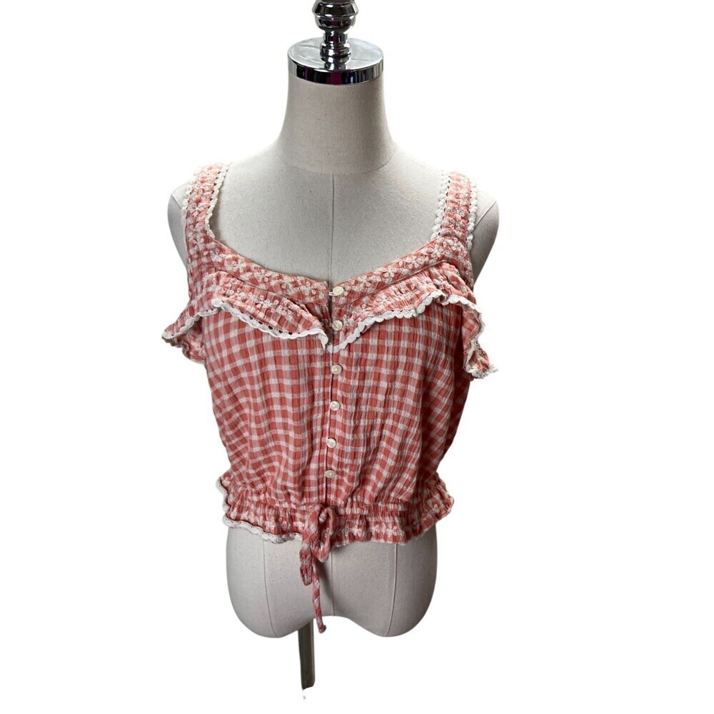 American Eagle Top Women's Size Large Orange Plaid Sleeveless Open Back
